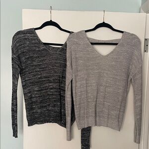 Women's V-Neck Open Back Sweater Set - Black and Gray